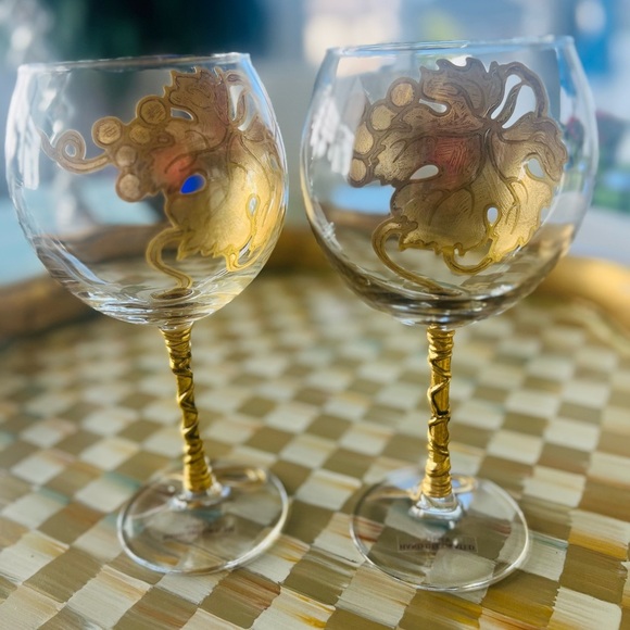 Murano Art Glass Green & Gold Gilt Wine / Glasses 8-3/4 Tall Set of 2 Italy - Picture 2 of 6